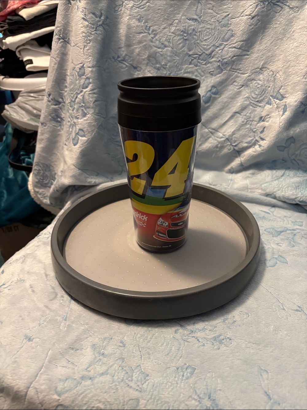 Number 24 Racing Travel Mug - Yellow & Blue Graphics- Jeff Gordon